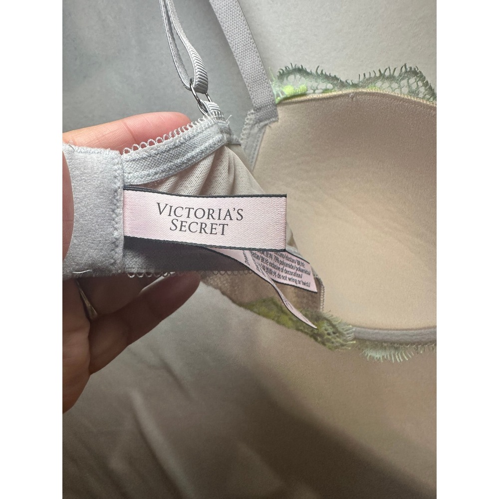Victorias Secret Dream Angels Lined Demi Bra Grey Lime Green Floral Lace 34D - Picture 5 of 7